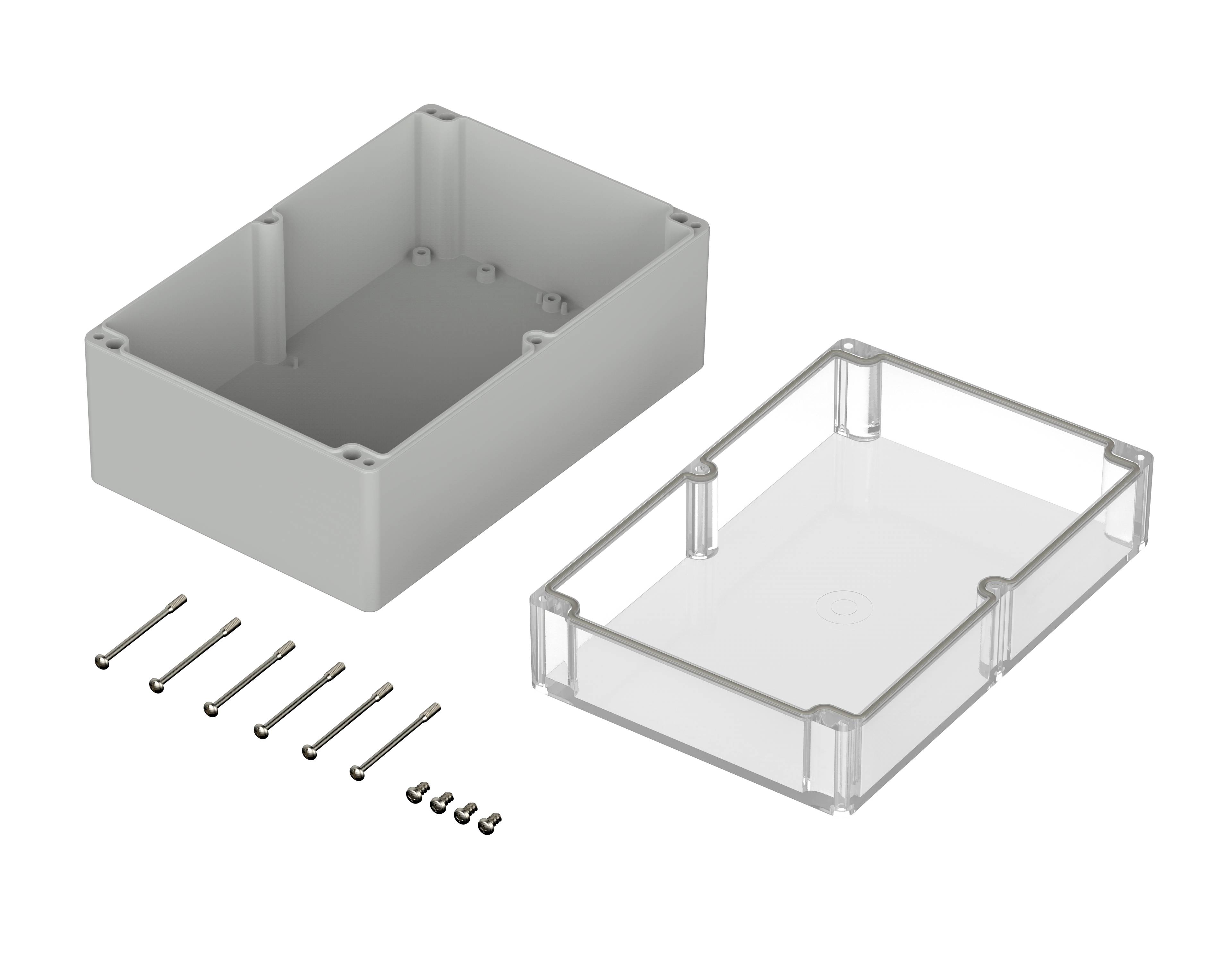 Housing kit with transparent cover, grey base and mounting screws, for storing or protecting electrical components.