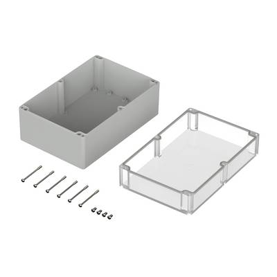 Housing kit with transparent cover, grey base and mounting screws, for storing or protecting electrical components.