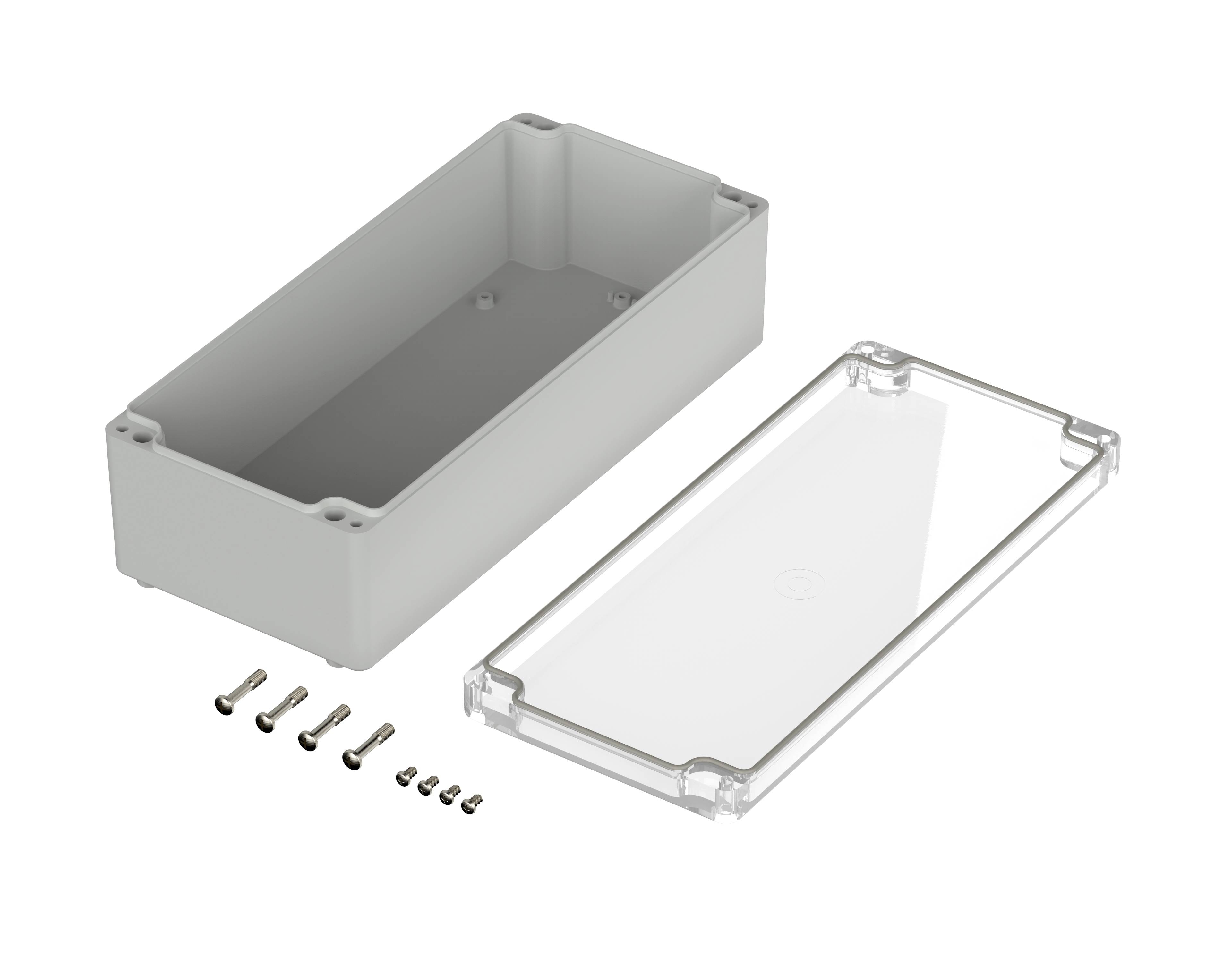 A rectangular, grey plastic enclosure with a transparent lid is open. Screws are lying beside it for fastening.