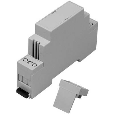 A grey DIN rail enclosure with a removable cover module. Suitable for electronic and switchgear applications.
