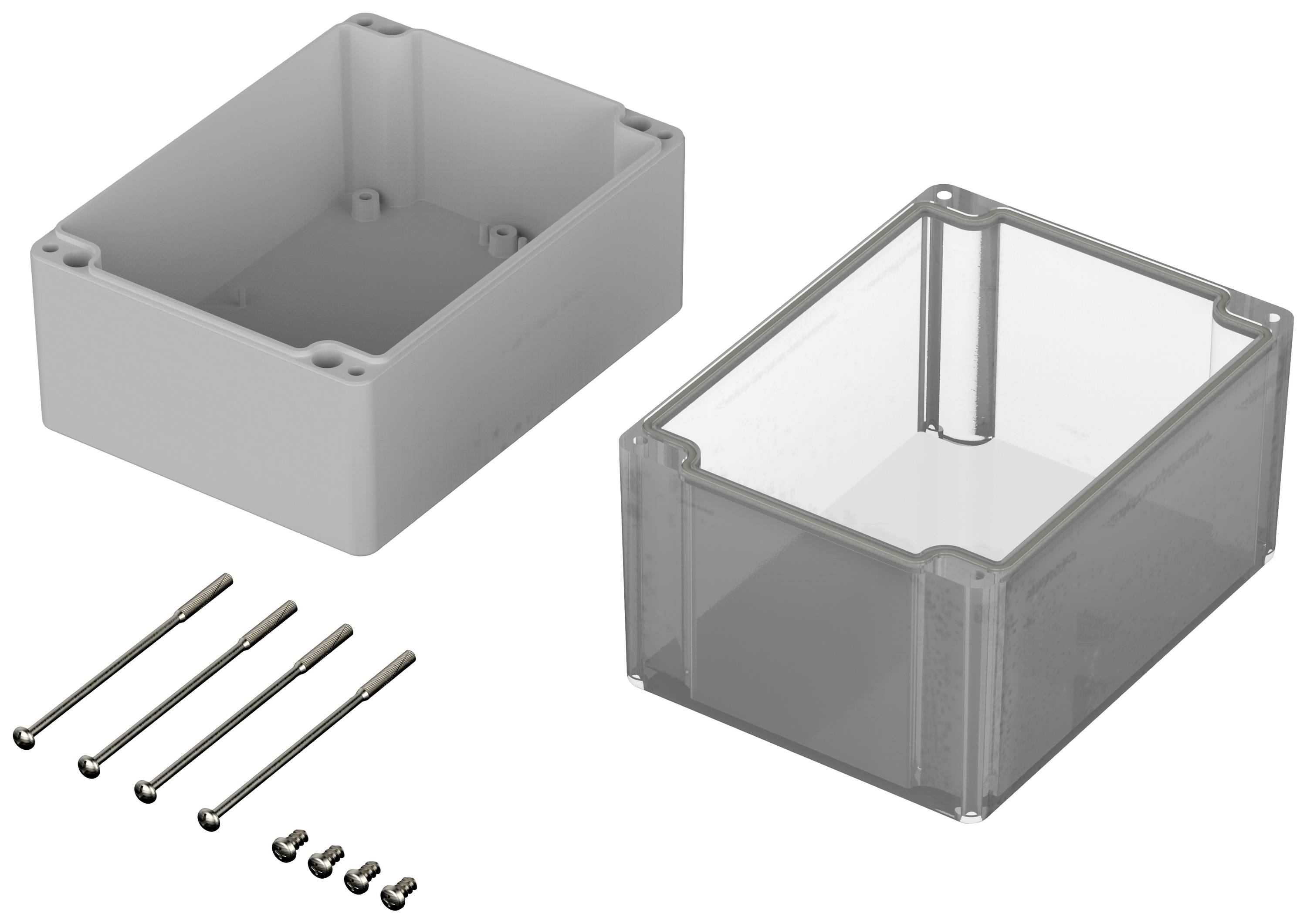 Housing set consisting of a grey base and a transparent lid. Five screws and five nuts for assembly are included.