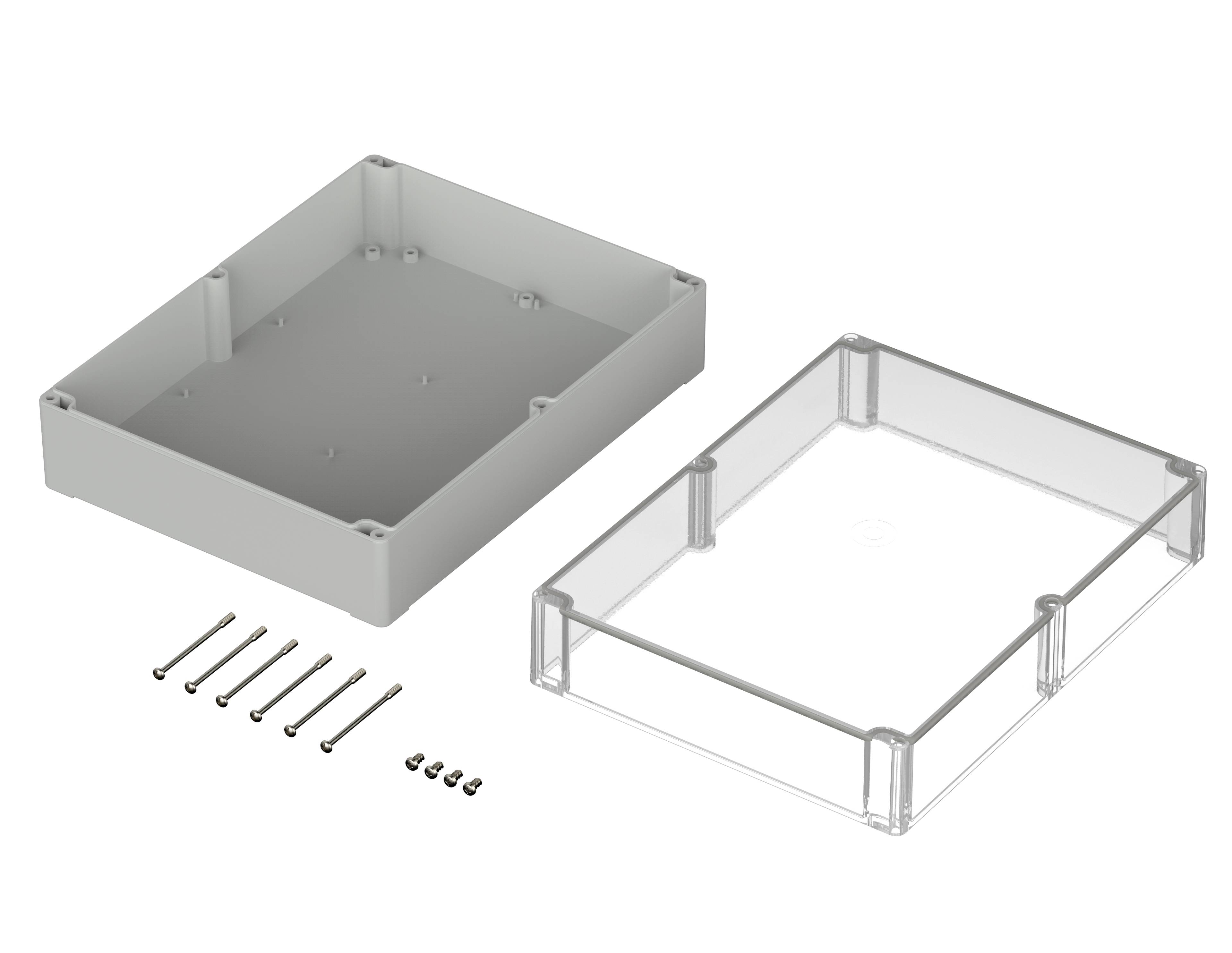 Housing kit consisting of a rectangular plastic base, a transparent lid, and a set of screws.