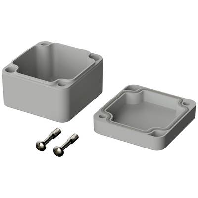 A grey plastic box with a removable lid, alongside two silver screws. The box and lid have four square recesses.