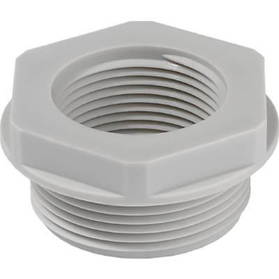 A grey plastic threaded connector with an external thread, hexagonal head, and a central opening, used for pipe connections.