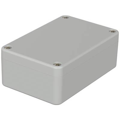 Rectangular, grey plastic enclosure with rounded edges and screws at the corners. Use: Electronics or manufacturing-related applications.