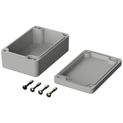 Housing consisting of two rectangular parts, one with a recess, four metal screws alongside it.