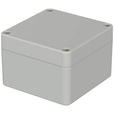 Grey rectangular enclosure with rounded corners and four screws along the edges.