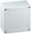 Square, grey enclosure with screws at the corners. Suitable for protecting electrical connections and components.