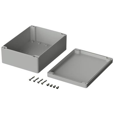 Grey rectangular enclosure with a removable lid, shown next to six screws. Suitable for electrical device installation.