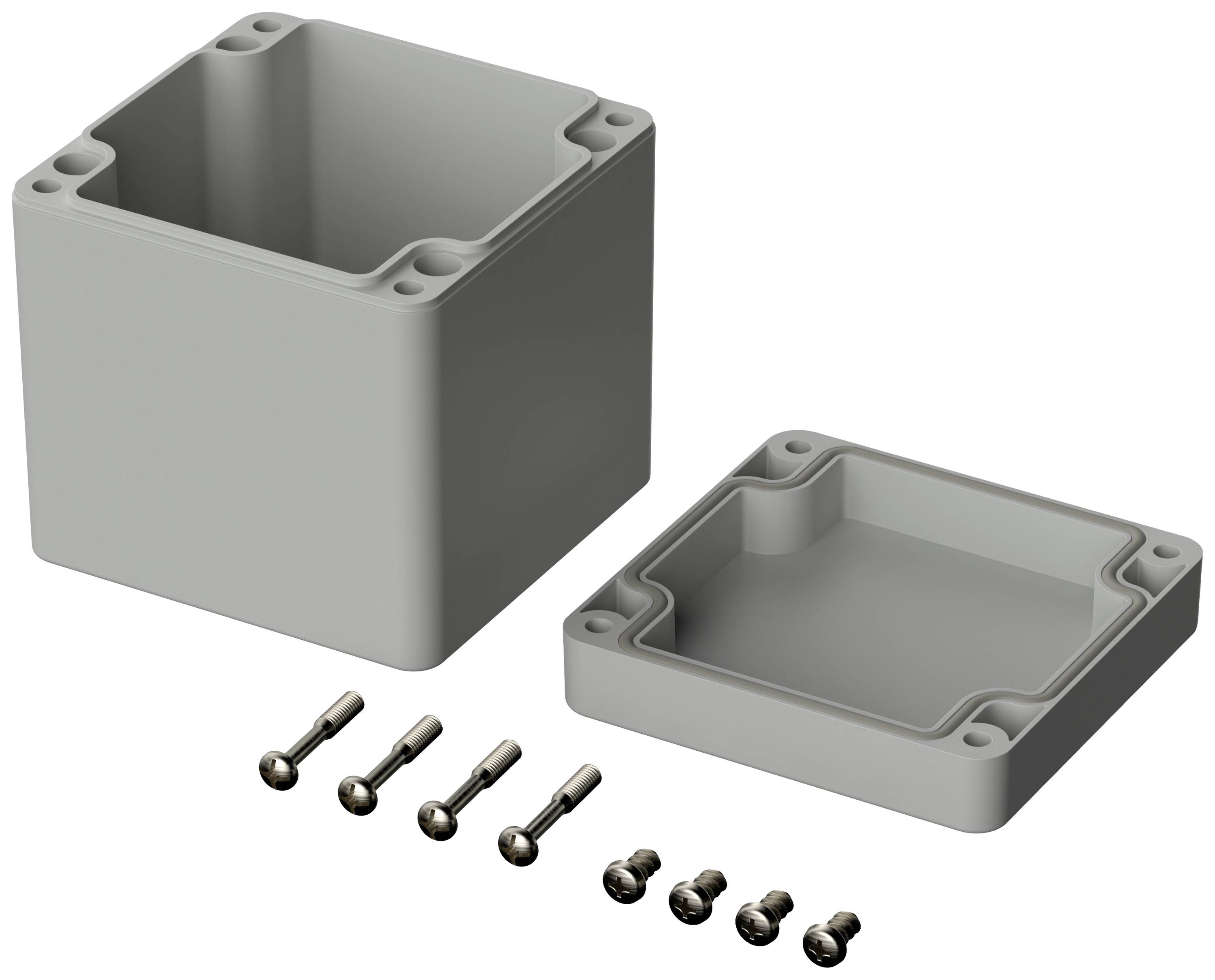 Grey rectangular housing with a removable lid, with six screws for fastening beside it.