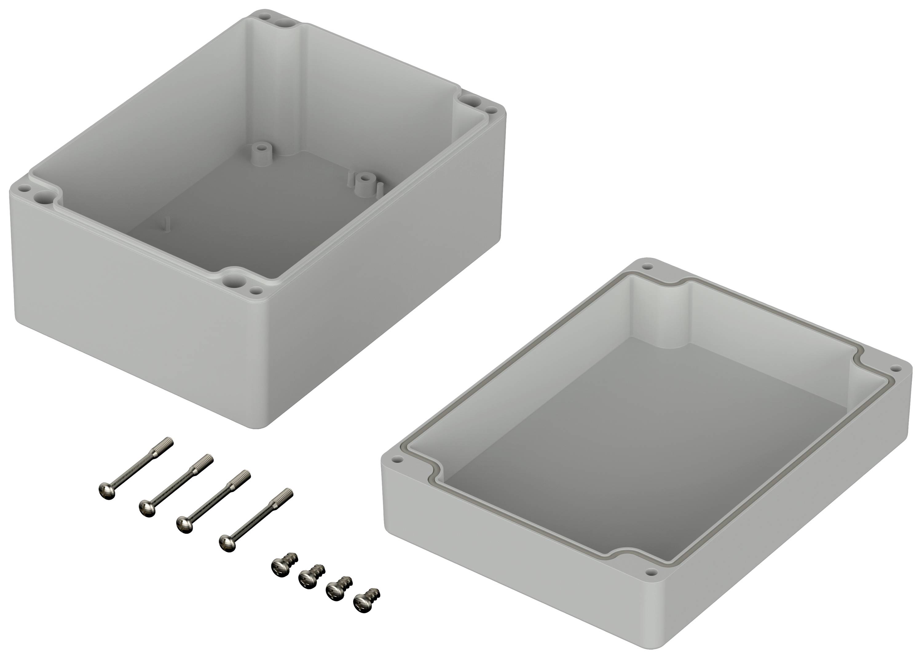 Grey plastic housing with a removable lid, ready for assembly. Six screws are provided for fastening.