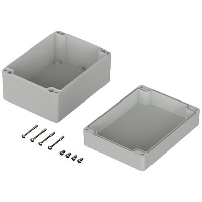 Grey plastic housing with a removable lid, ready for assembly. Six screws are provided for fastening.
