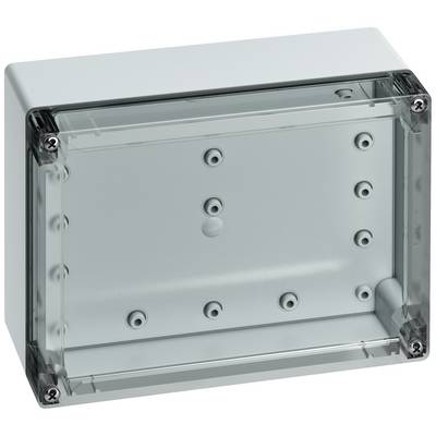 A rectangular, transparent plastic enclosure with a grey frame and screws at the corners, suitable for electrical components.