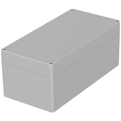 Grey, rectangular enclosure with screws at the corners. Suitable for protecting electronic components.
