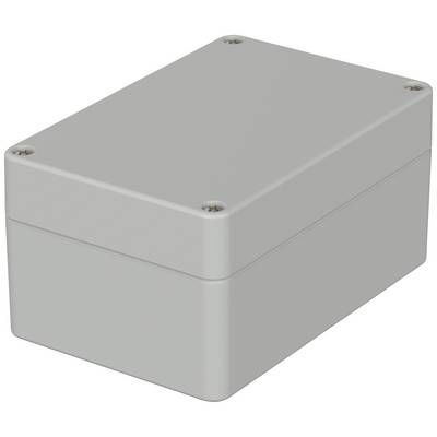 Grey, rectangular plastic enclosure with rounded corners and four screws at the corners. Suitable for electrical or electronic applications.