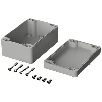 Housing made of grey plastic, consisting of two parts, with accompanying screws for assembly.