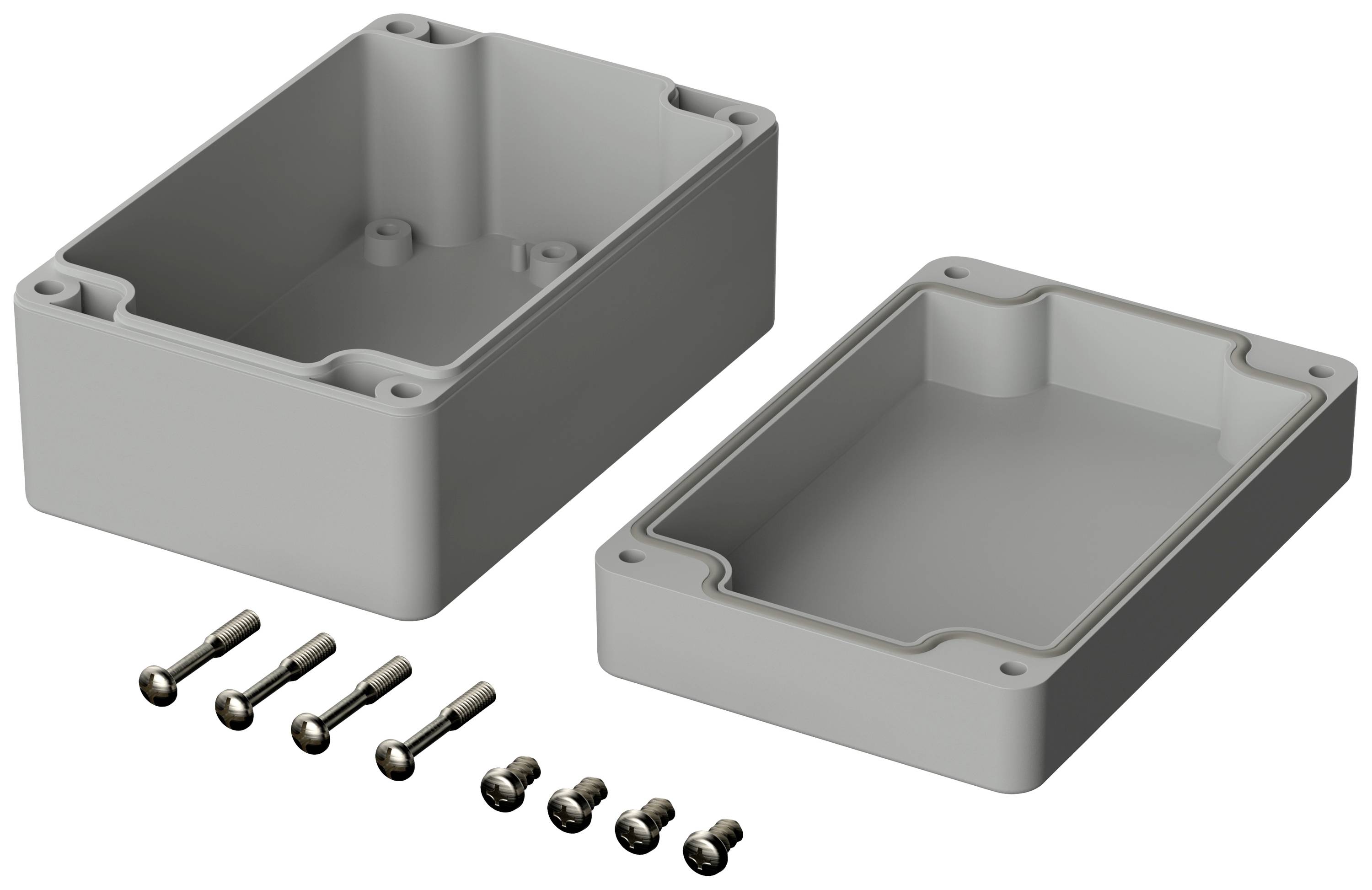 Grey, rectangular enclosure for electrical components, consisting of a base and a removable lid. Six screws for sealing.