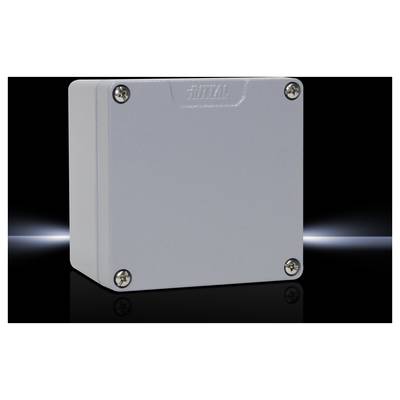Grey, square enclosure with screws at the corners against a black background. Top surface is labelled with 'Rittal'.