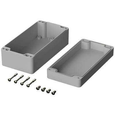 Housing made of grey plastic, consisting of two halves secured with screws. Used for electronic components.
