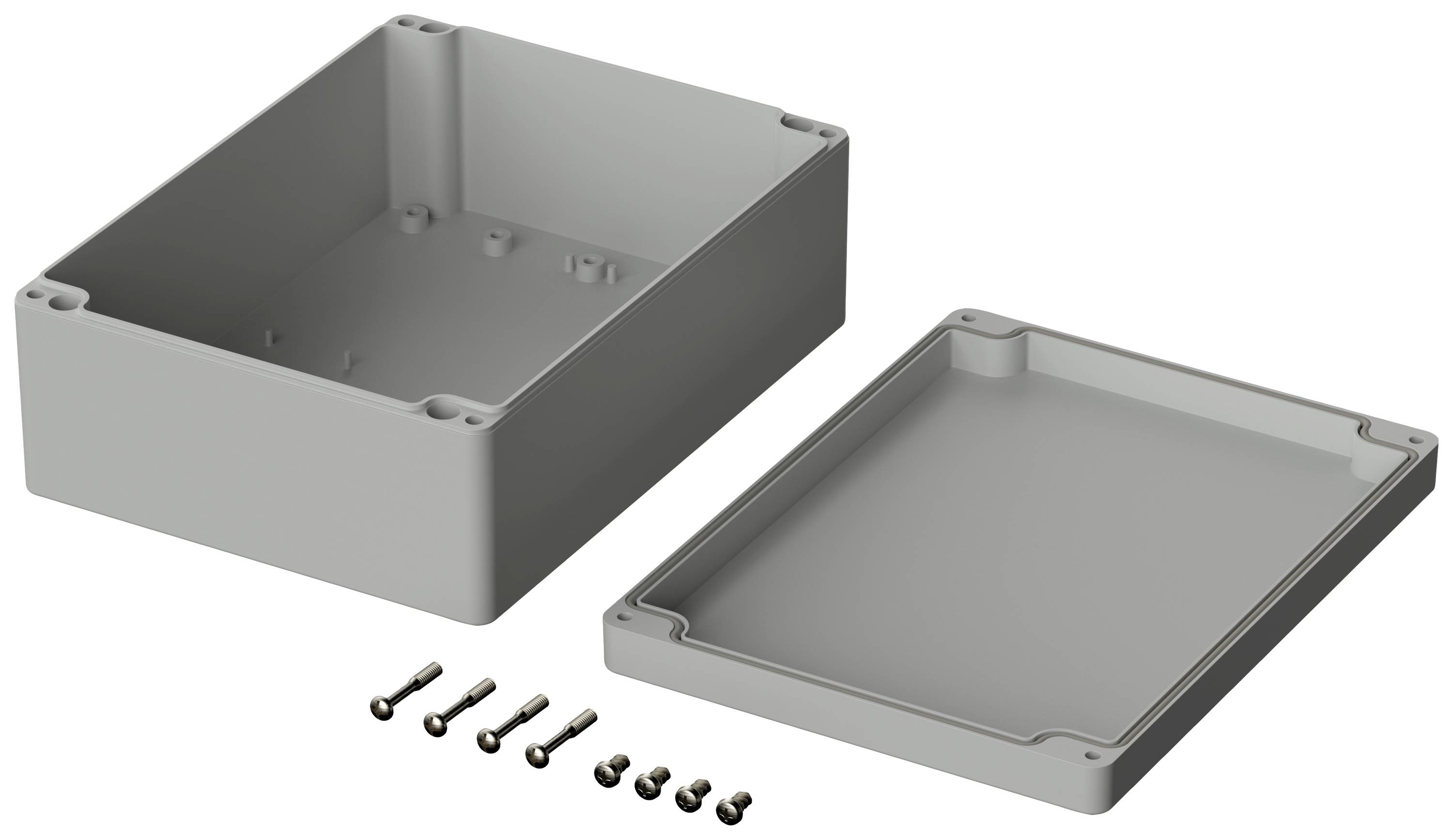 Grey rectangular enclosure with a removable lid and six screws. Suitable for protecting electronic components.