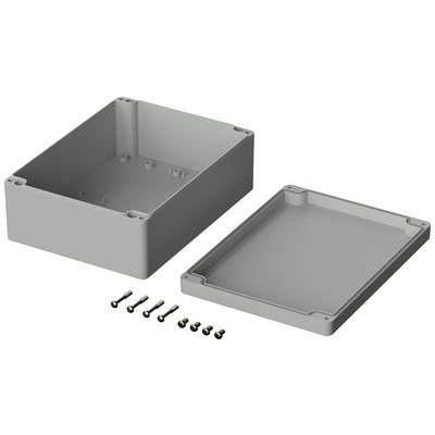 Grey rectangular enclosure with a removable lid and six screws. Suitable for protecting electronic components.