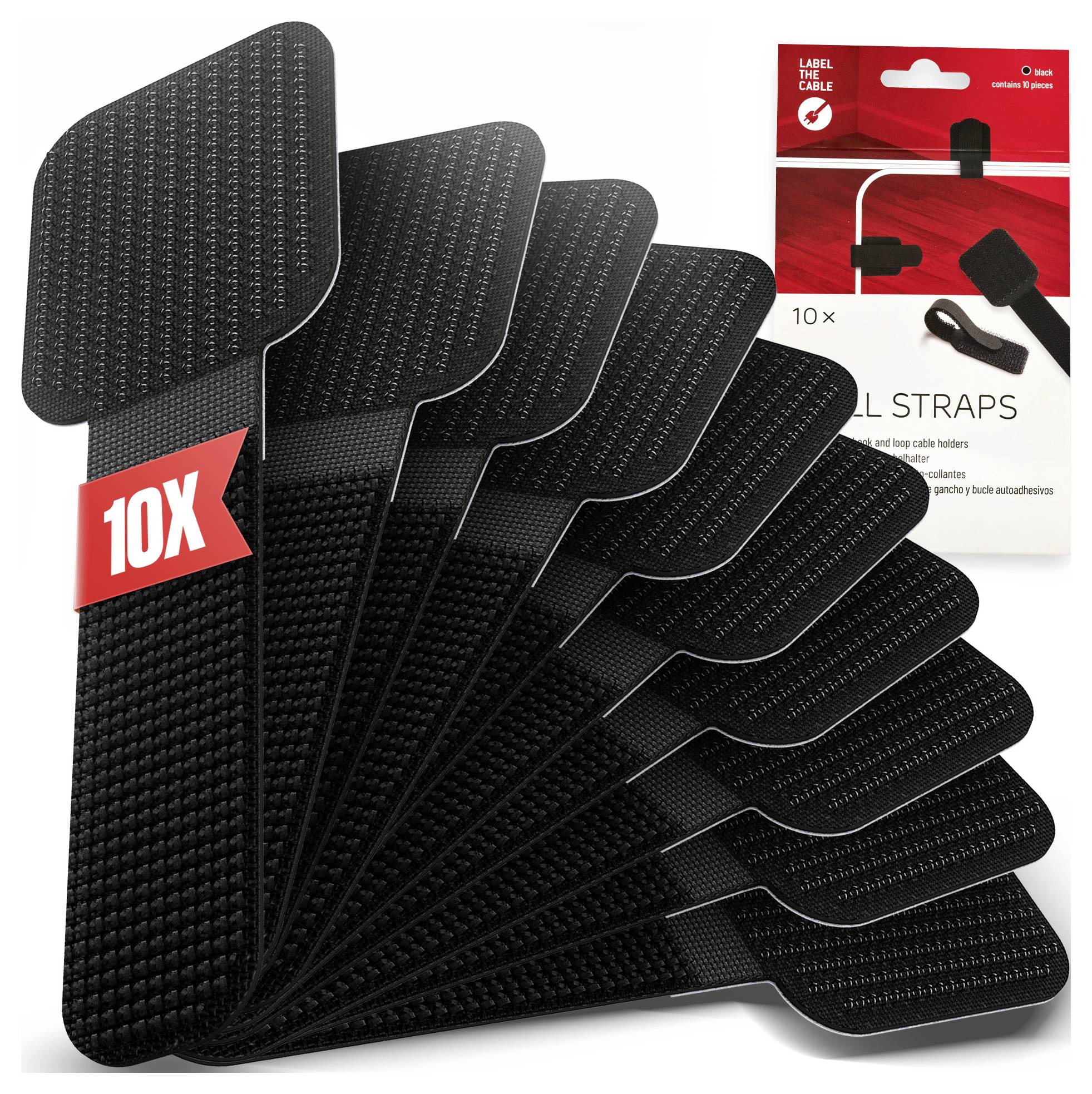 Stack of black adhesive cable straps labeled '10X', with product packaging shown in the background.