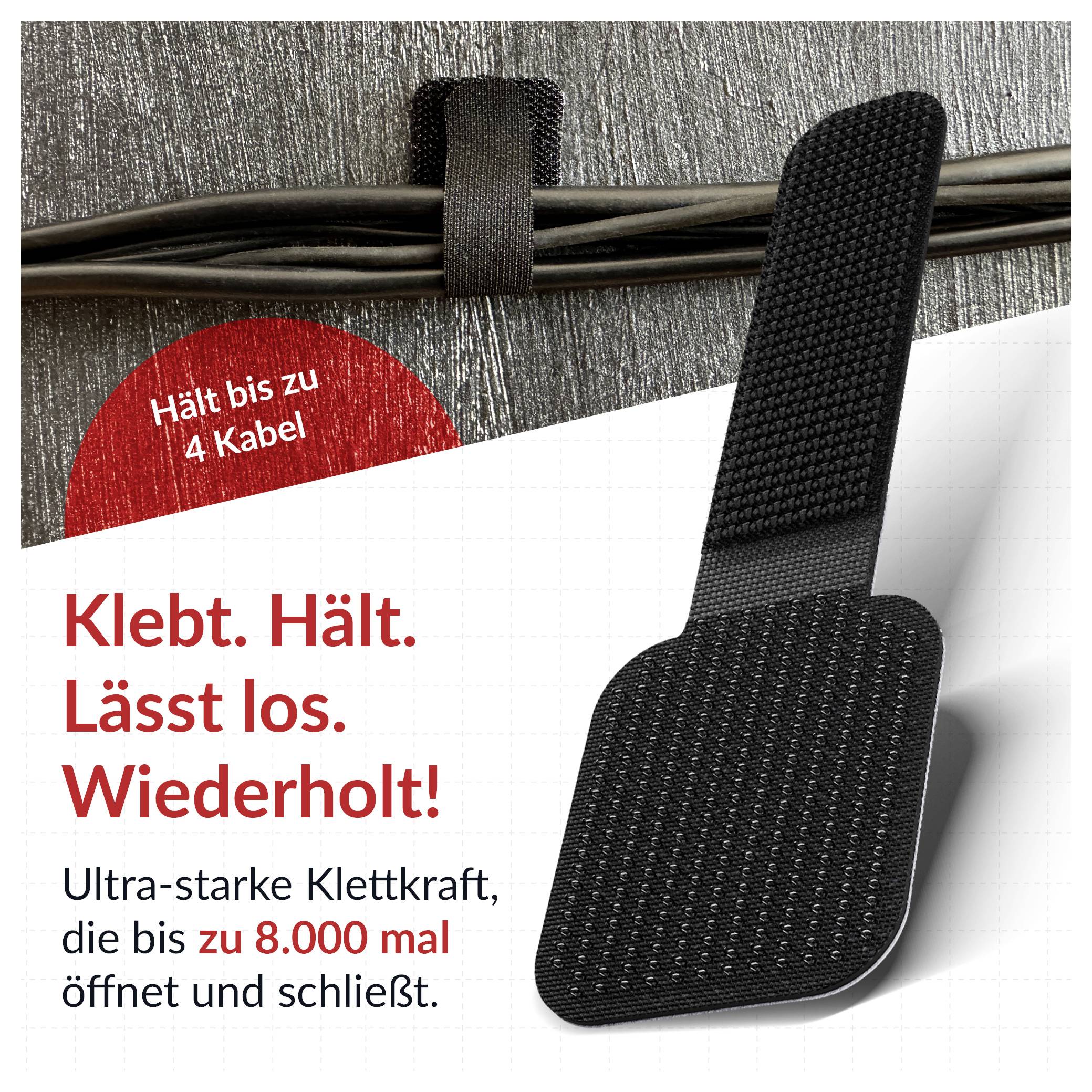 Werbeanzeige für einen Klett-Kabelbinder: schwarze Schlaufe hält bis zu 4 Kabel; Text betont 'Klebt. Hält. Lässt los. Wiederholt!' und bis zu 8.000 Öffnungen.