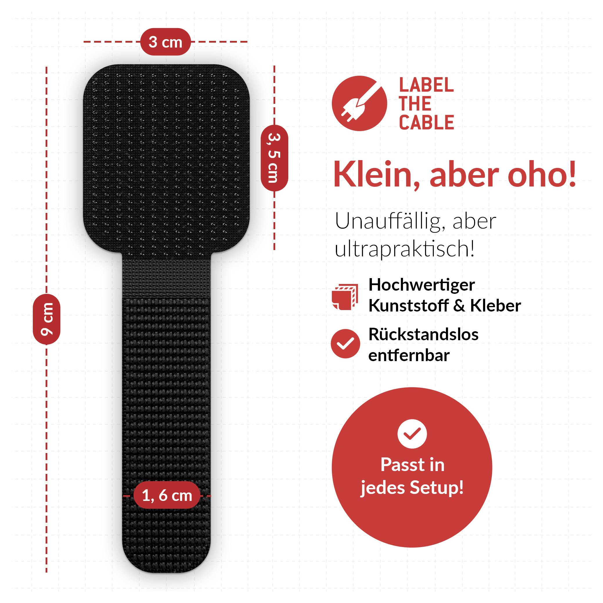 Promotional graphic for cable label 'LABEL THE CABLE': black adhesive label 9 cm long, 3 cm wide head, 1.6 cm stem; claims strong plastic adhesive, residue-free removal, fits any setup.