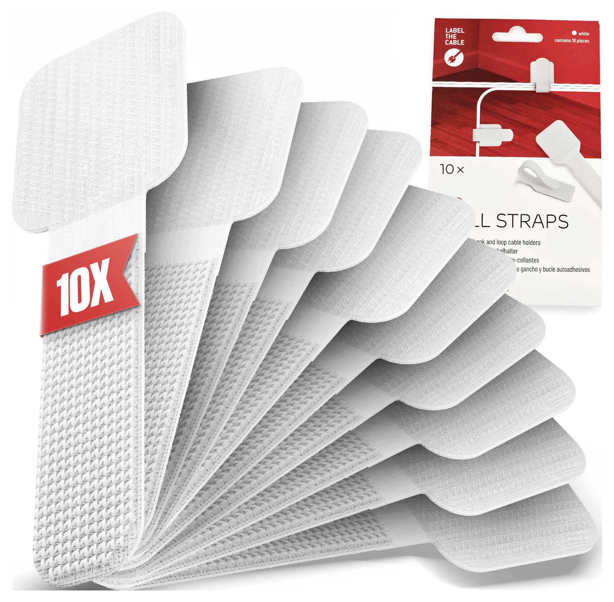 Pack of 10 white self-adhesive cable straps shown fanned out, with retail packaging in the background.<br>