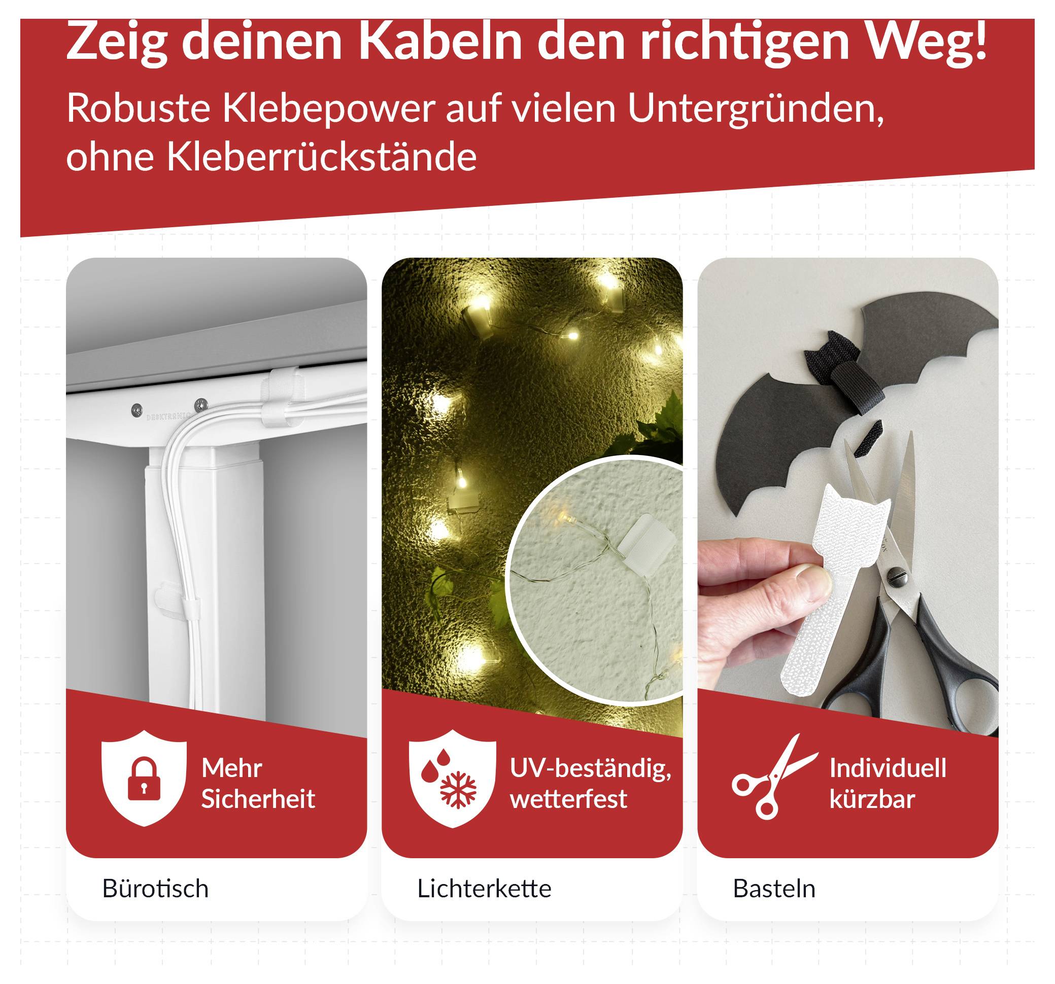 German ad for cable adhesive: 'Guide your cables the right way!' Shows strong hold on desks, weatherproof for light strings, and customizable length for crafting.