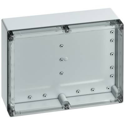 Rectangular grey connection housing with a transparent lid and multiple screw points at the corners and sides.