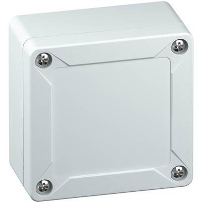 A grey plastic connection coupling with a square shape and four screws at the corners, used for protecting electrical connections.