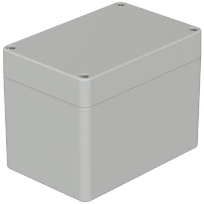 Grey, rectangular enclosure with rounded edges and four screws. Possibly for electronics or wiring.