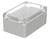Rectangular plastic enclosure with a transparent lid, suitable for electronic components or circuits.