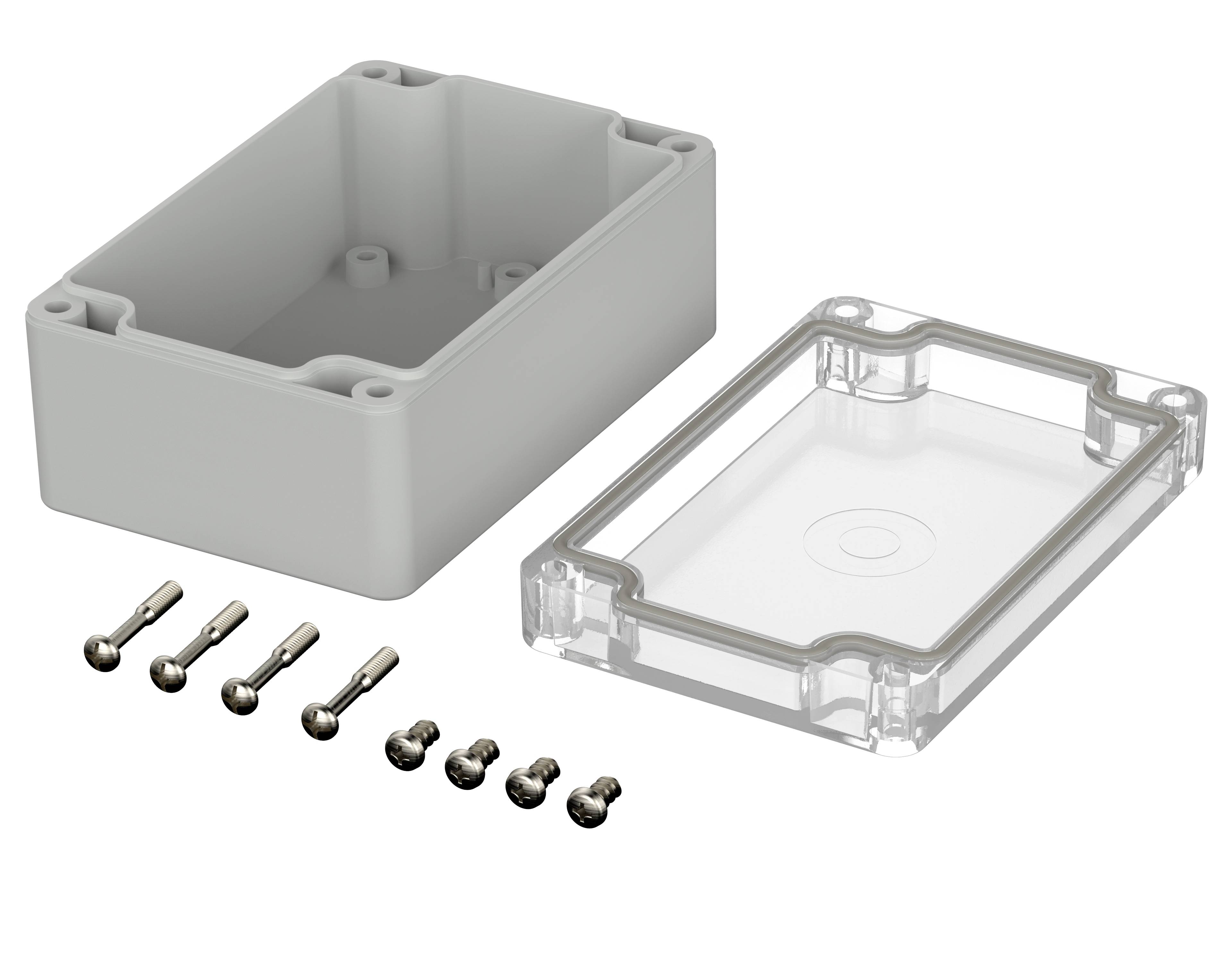Grey rectangular enclosure with a transparent lid. Six screws are placed beside it.