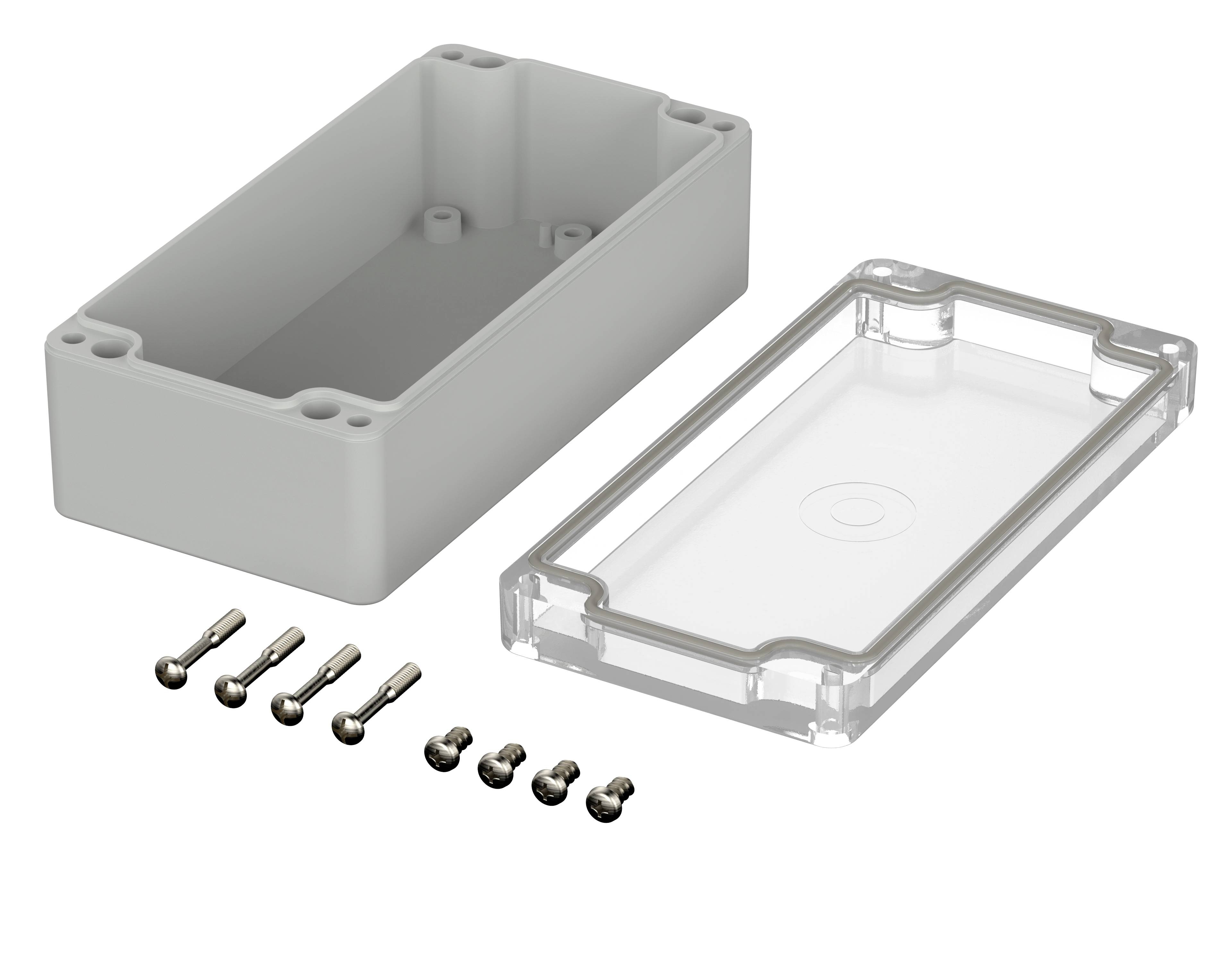 Grey rectangular plastic enclosure with transparent lid, alongside six screws. Suitable for electronic component assembly.