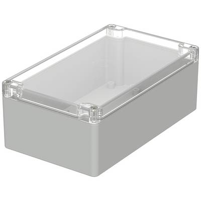 Rectangular plastic enclosure with transparent lid, suitable for electronic components, high protection rating and robust.