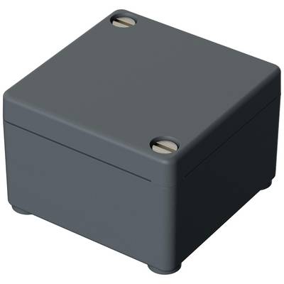 A grey, square casing with two round openings on top. It stands on small feet and is potentially used for electrical connections.