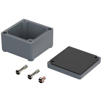 A grey, square plastic box with a removable lid and two screws. Box open beside the lid and screws.