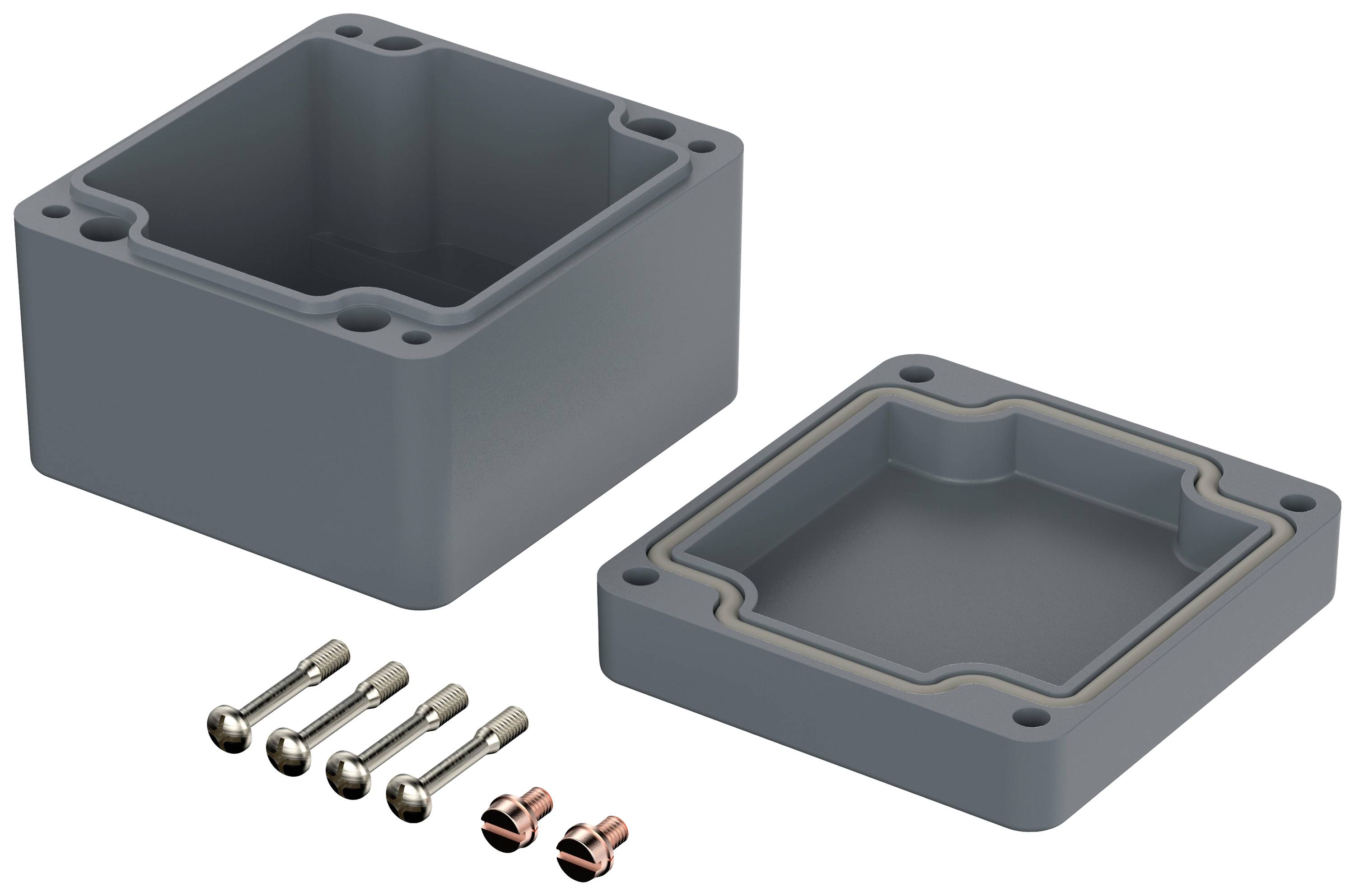 Housing made of grey plastic, two-piece with lid and base. Four metal bolts and two cable clamps for fastening.