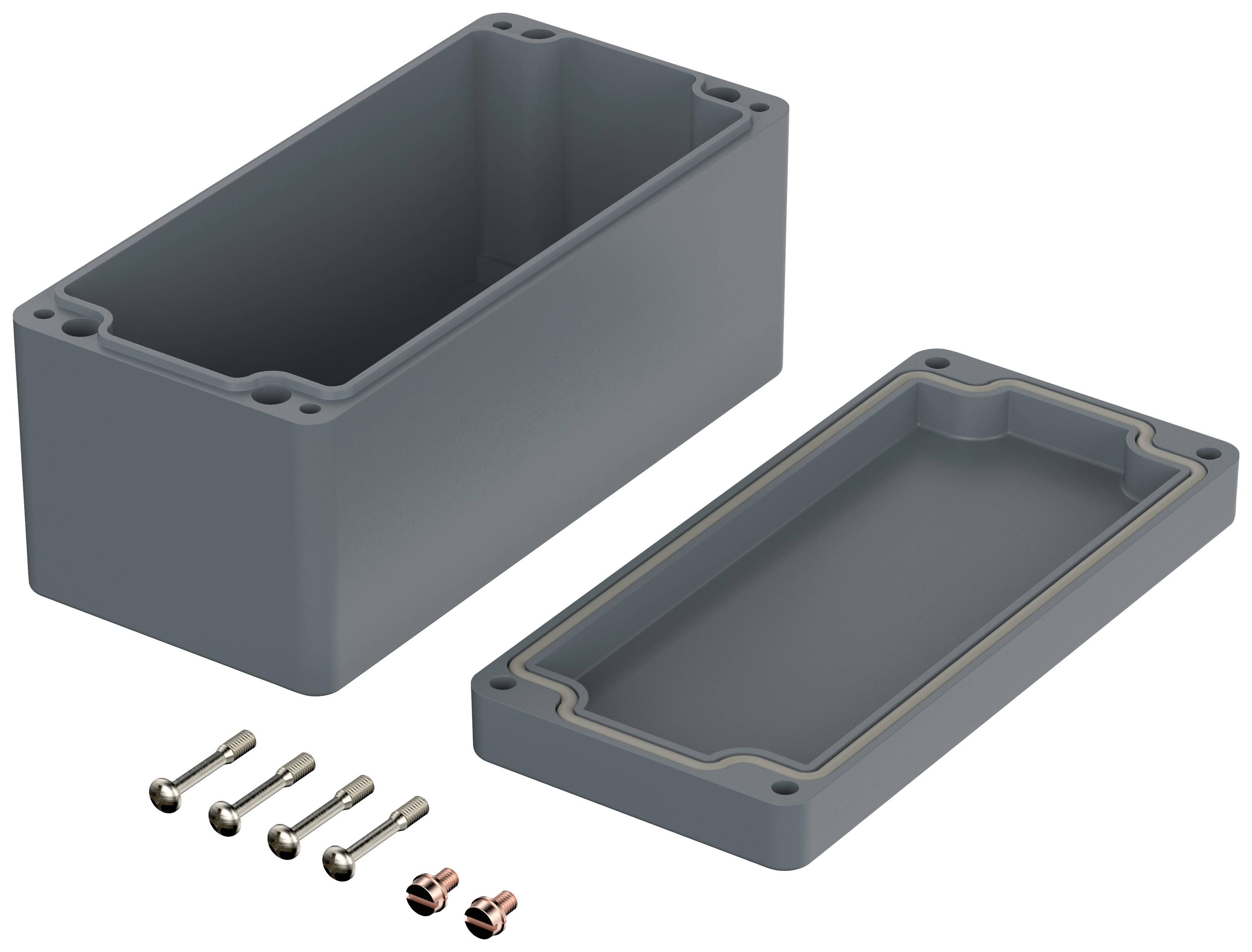 Grey building housing consisting of two parts: lid and base. Four screws and two nuts are placed beside it.