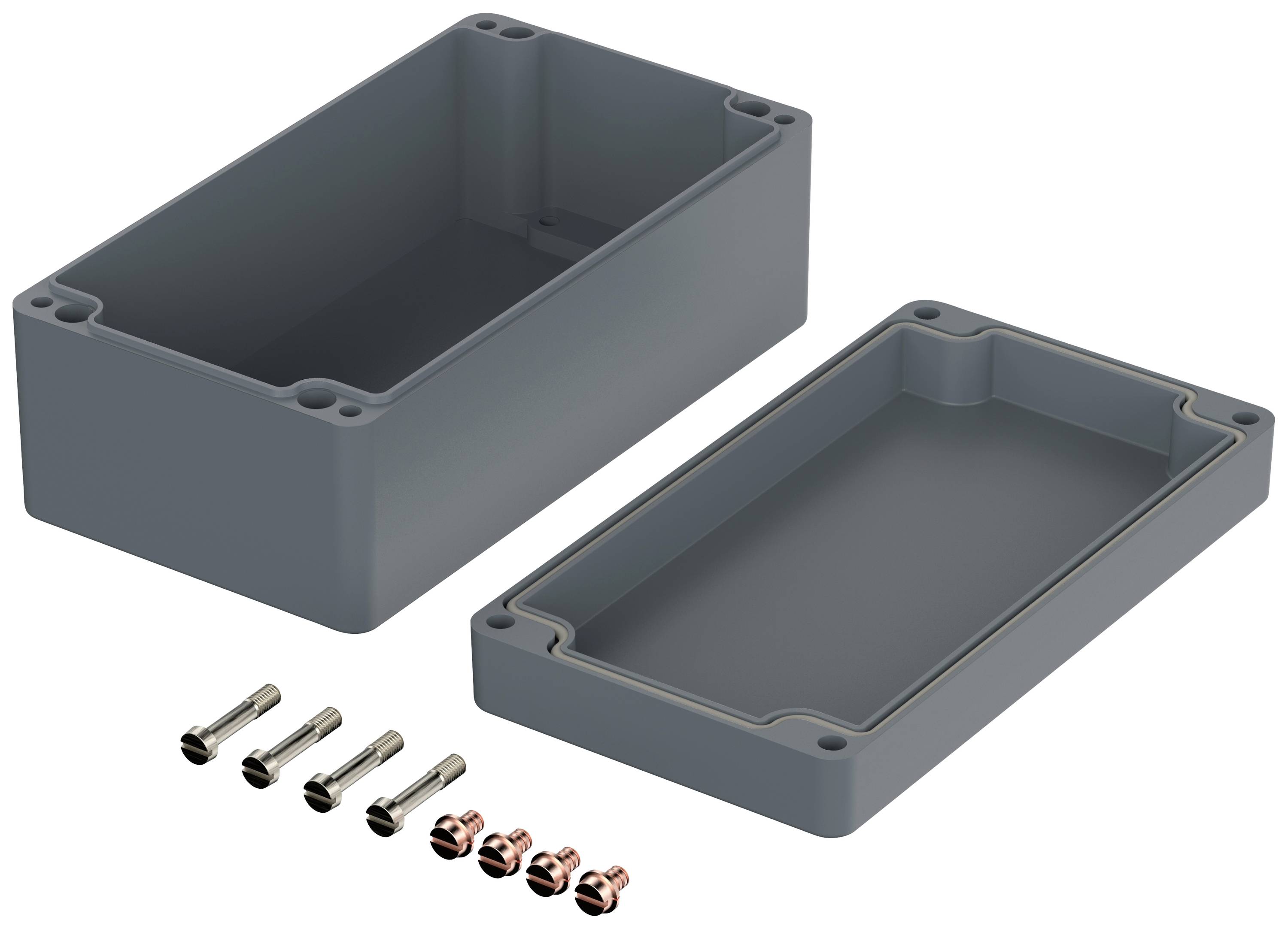Grey plastic housing, two-piece, with four screws and nuts on a white background.