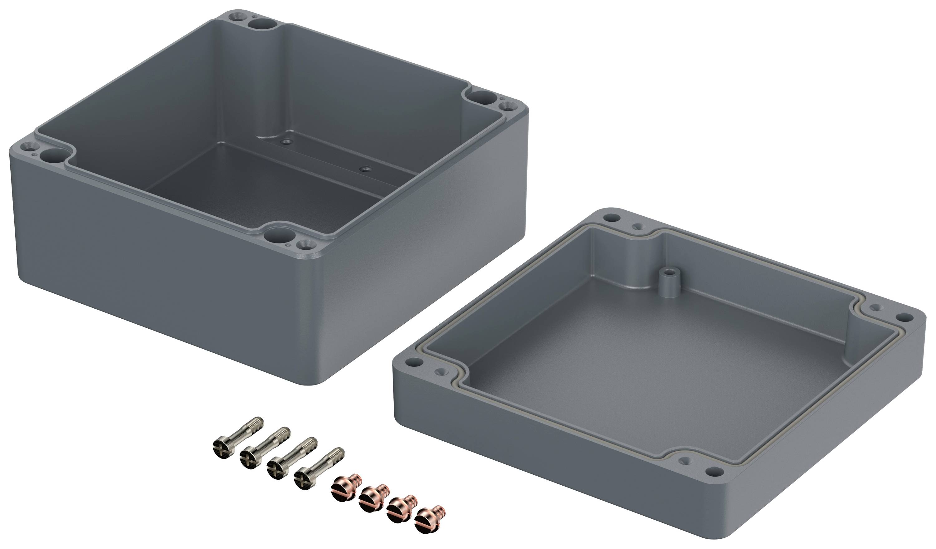 Housing made of grey plastic, consisting of two parts. Includes four screws and mounting elements.