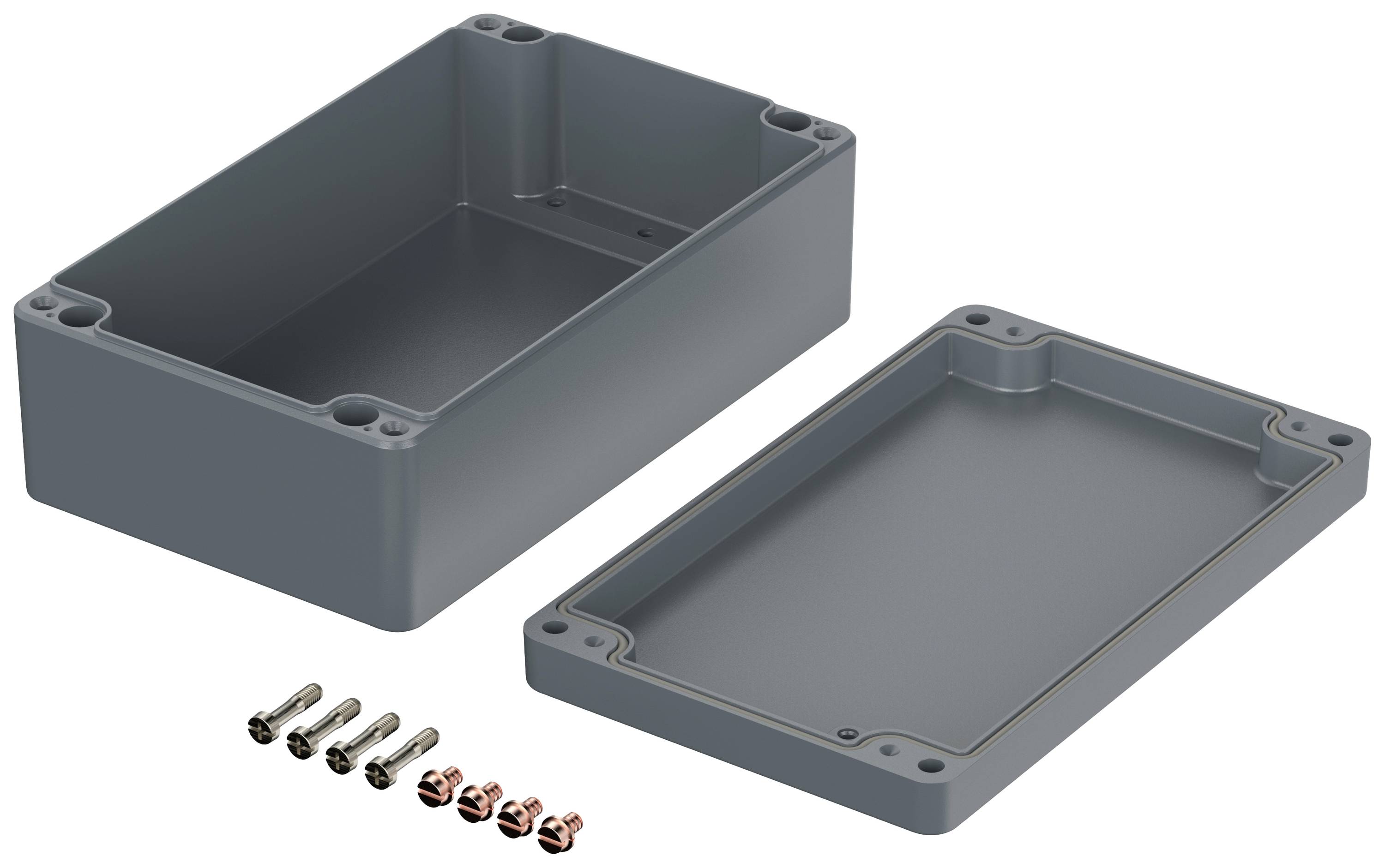 Grey plastic enclosure with removable cover and included screws, suitable for electronic applications or DIY projects.
