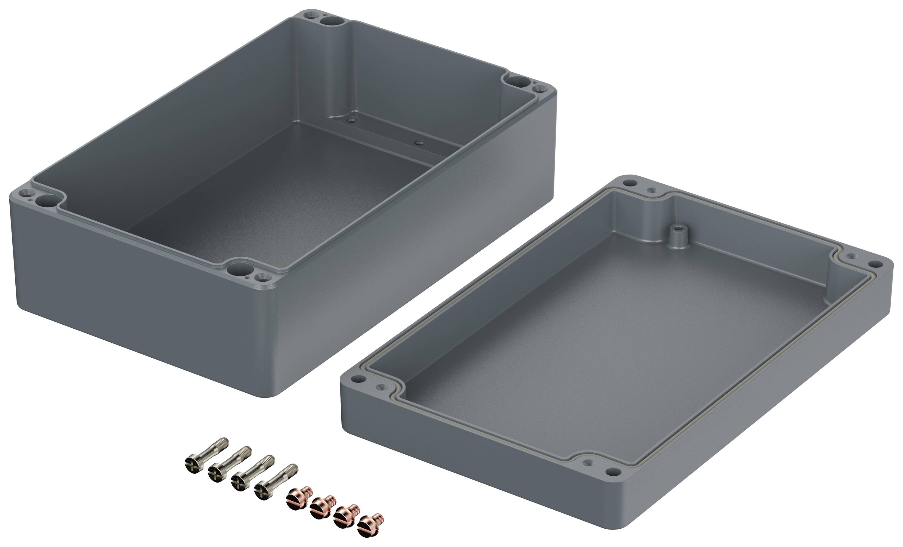 Grey-grey rectangular plastic enclosure consisting of two parts, with included screws, prepared for mounting.
