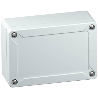 Rectangular, grey housing with screws in the corners. It could be used to house electronic components.