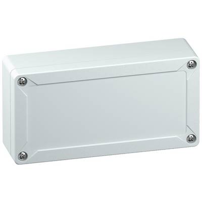 Rectangular grey enclosure with rounded corners and four screws in the corners. Suitable for electronics or wiring.