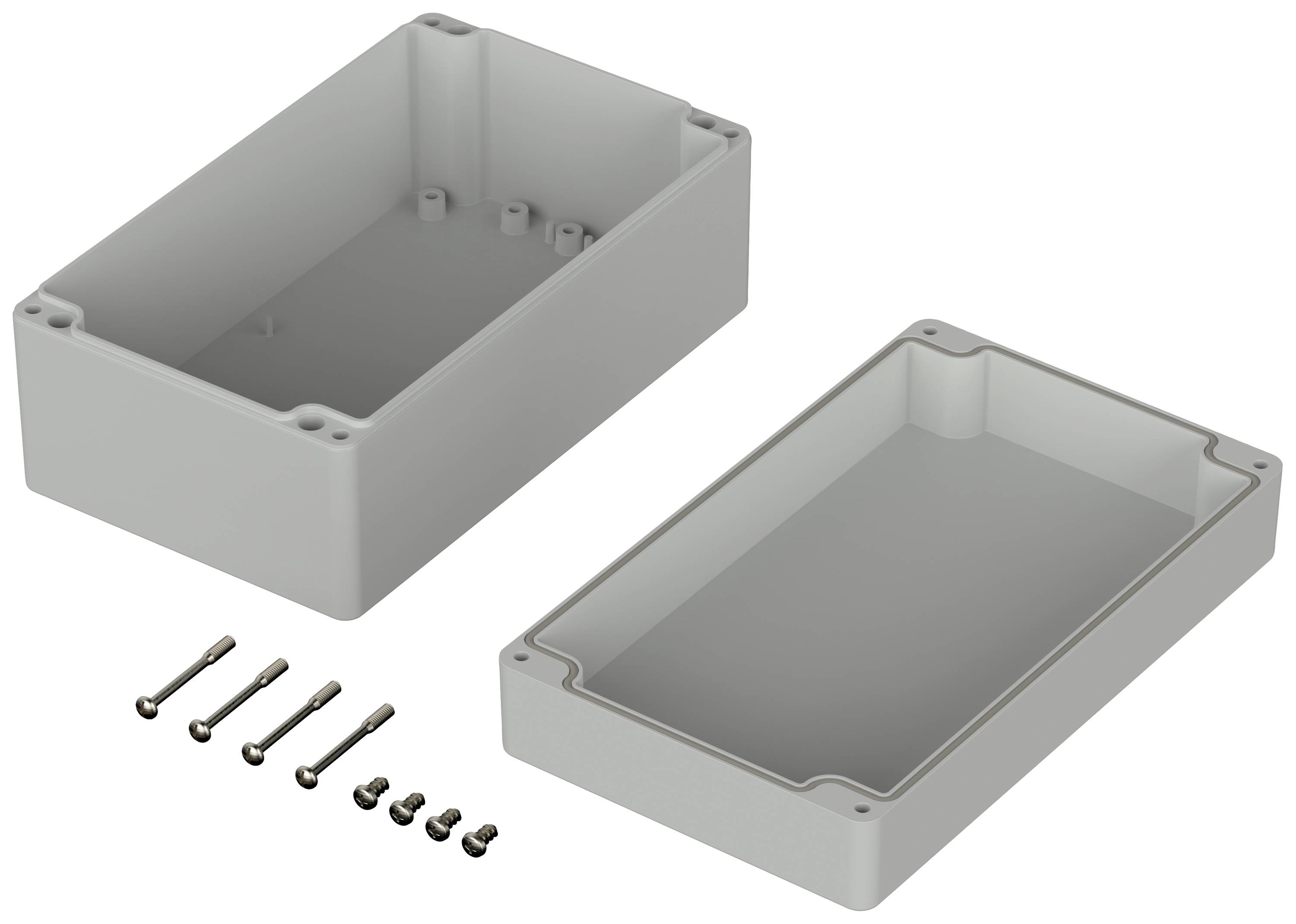 Housing made of grey plastic, consisting of two parts lying open side by side, with eight screws for assembly.