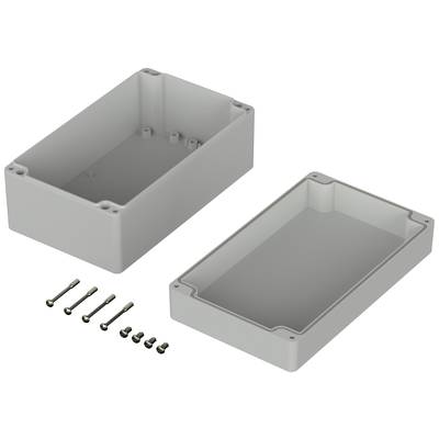 Housing made of grey plastic, consisting of two parts lying open side by side, with eight screws for assembly.