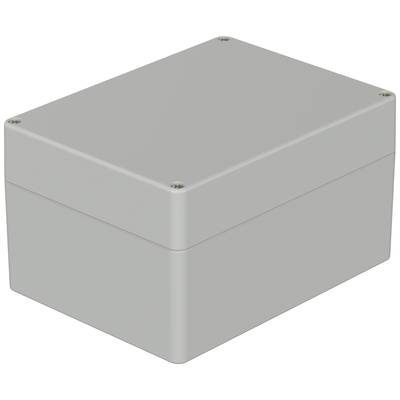 A rectangular, grey plastic enclosure with rounded corners and screws at the corners, used for protecting electronic components.